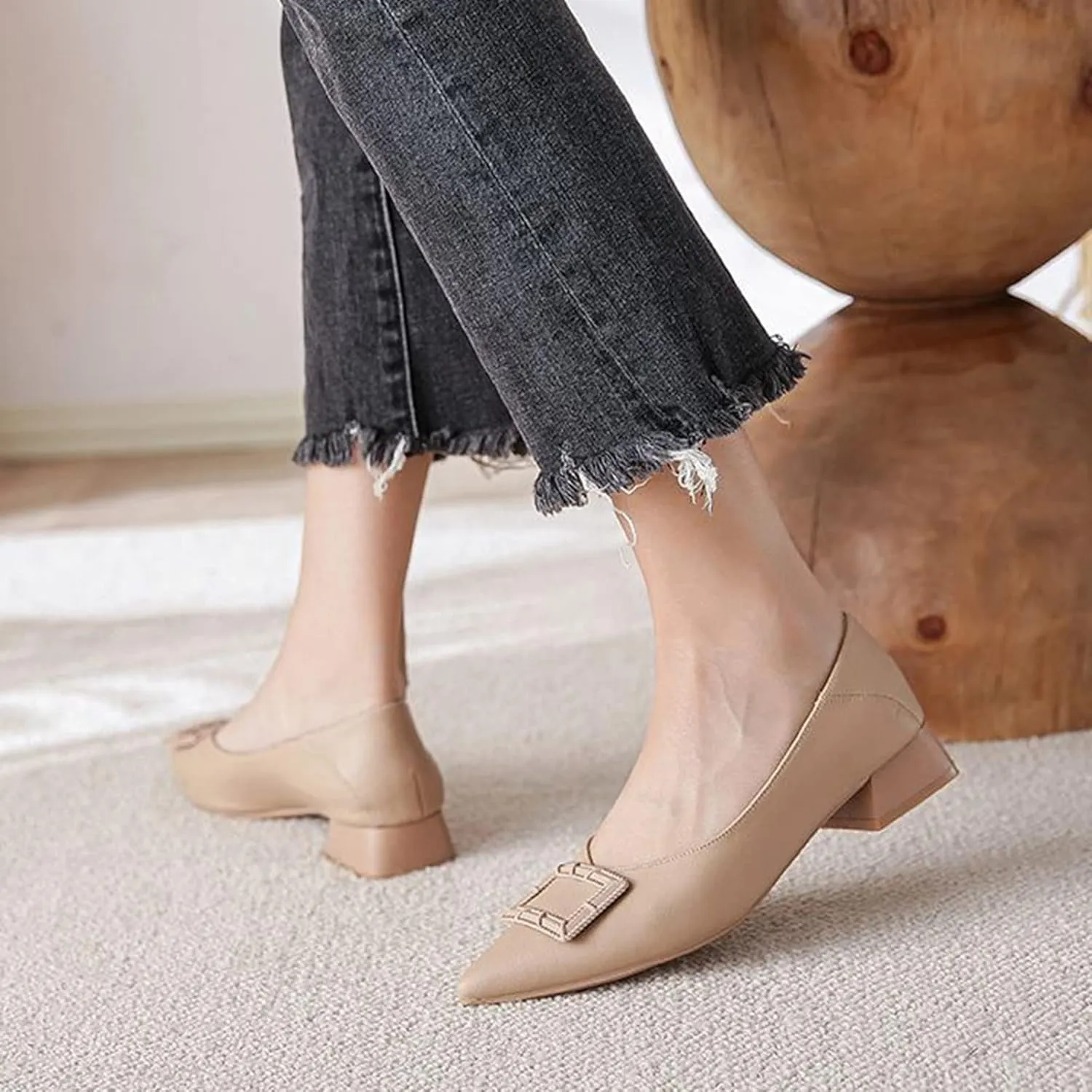 Women Pointed Toe Slip On Office Pumps Fashion Comfortable Low Block Heel Leather Casual Work Shoes