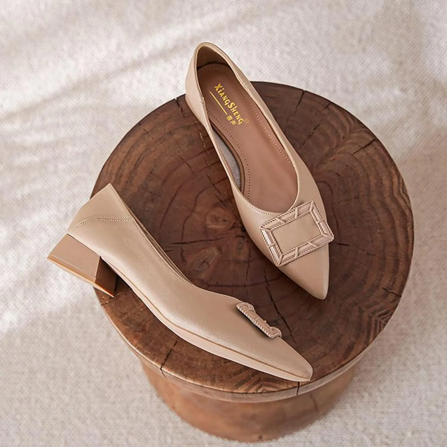 Women Pointed Toe Slip On Office Pumps Fashion Comfortable Low Block Heel Leather Casual Work Shoes