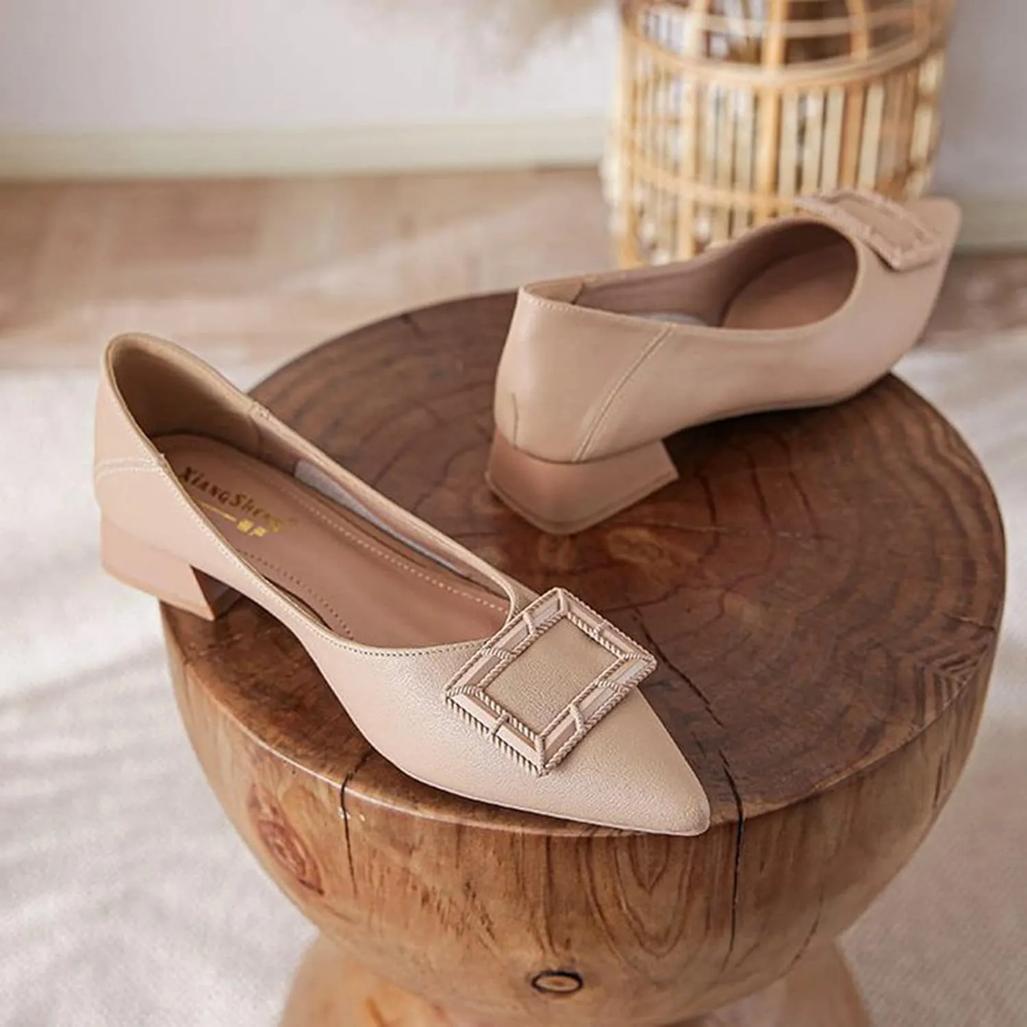Women Pointed Toe Slip On Office Pumps Fashion Comfortable Low Block Heel Leather Casual Work Shoes