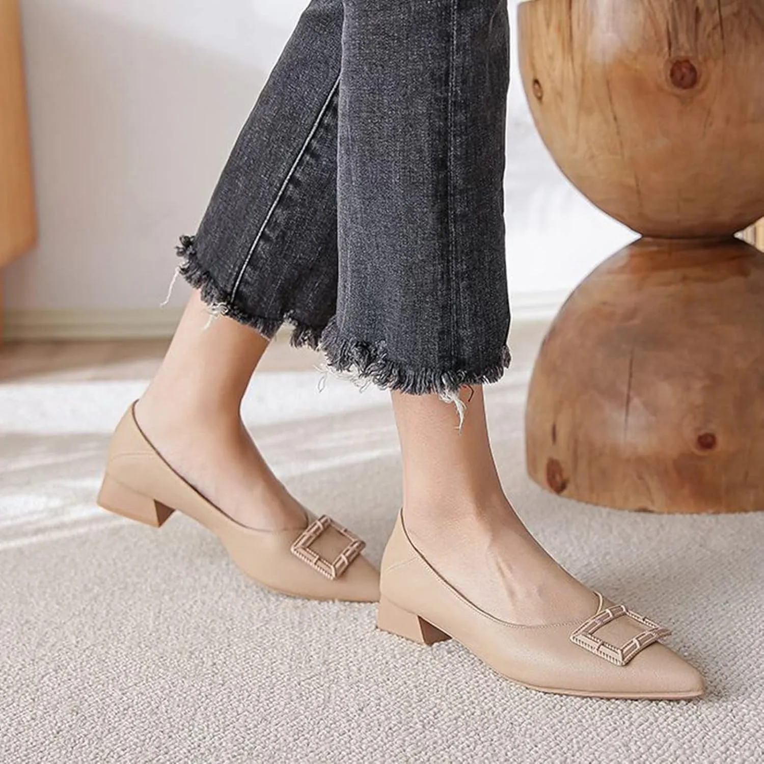 Women Pointed Toe Slip On Office Pumps Fashion Comfortable Low Block Heel Leather Casual Work Shoes