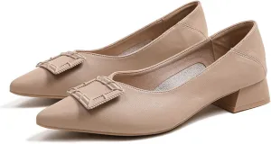 Women Pointed Toe Slip On Office Pumps Fashion Comfortable Low Block Heel Leather Casual Work Shoes