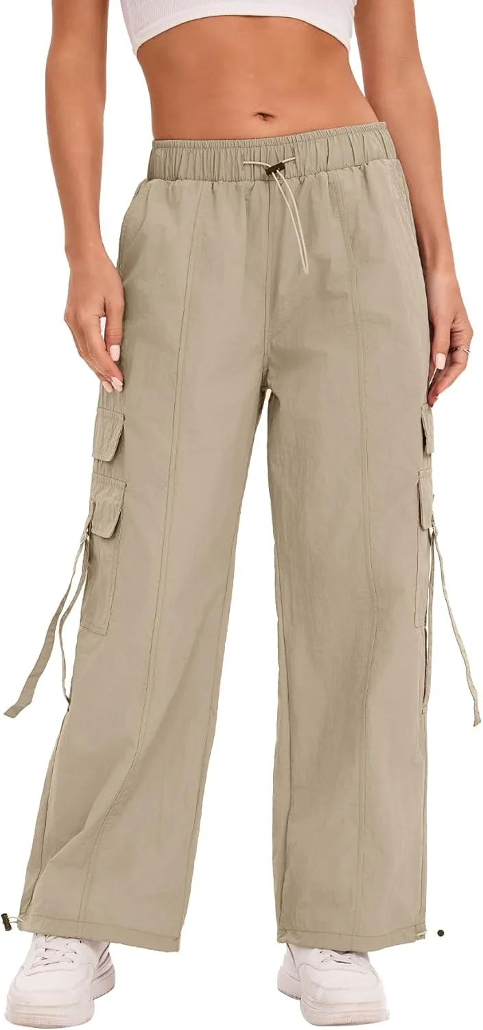 Women Quick-Dry Cargo Pants Y2K Wide Leg Baggy Pants Lightweight Hiking Pants Streetwear with Drawstring