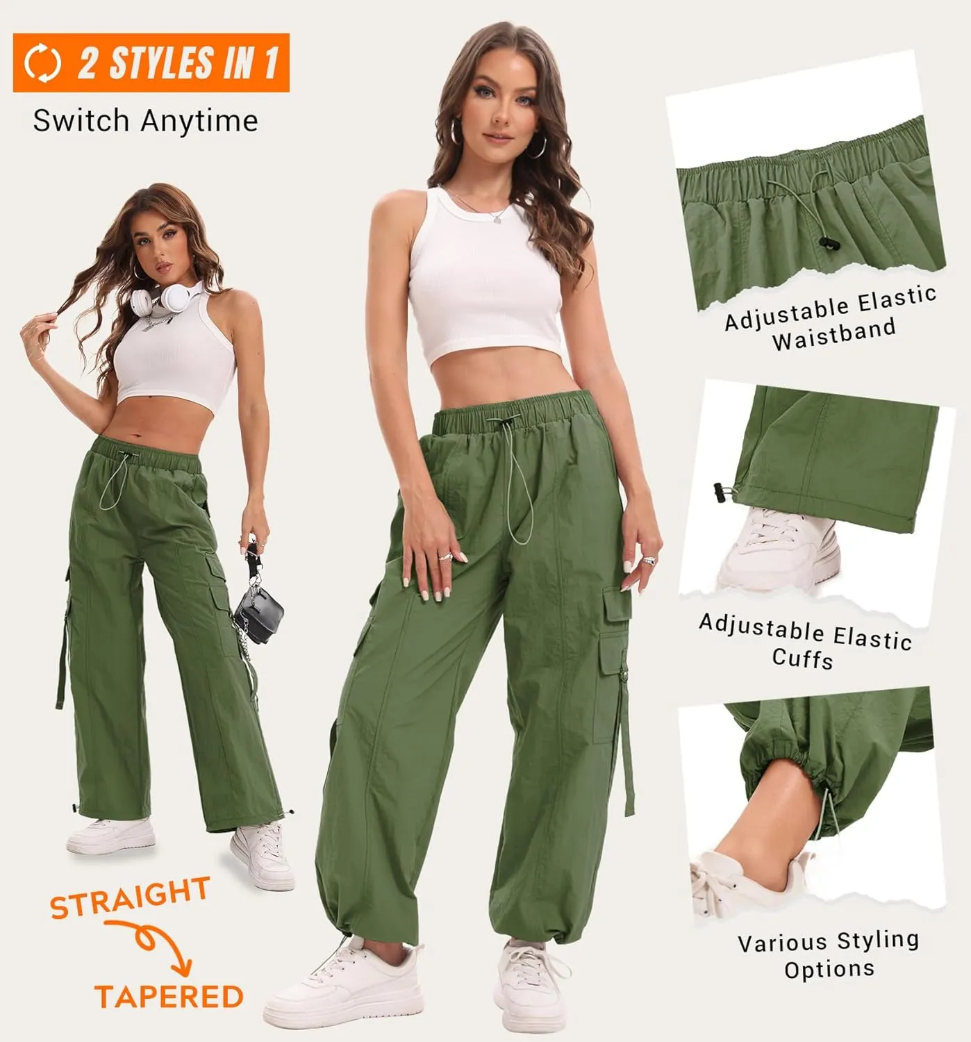 Women Quick-Dry Cargo Pants Y2K Wide Leg Baggy Pants Lightweight Hiking Pants Streetwear with Drawstring