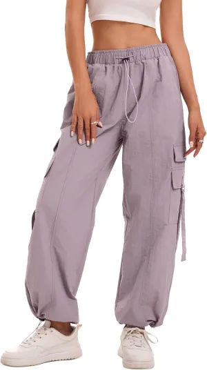 Women Quick-Dry Cargo Pants Y2K Wide Leg Baggy Pants Lightweight Hiking Pants Streetwear with Drawstring