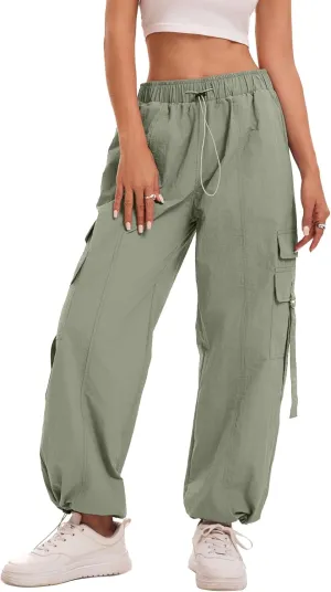 Women Quick-Dry Cargo Pants Y2K Wide Leg Baggy Pants Lightweight Hiking Pants Streetwear with Drawstring