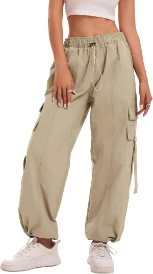 Women Quick-Dry Cargo Pants Y2K Wide Leg Baggy Pants Lightweight Hiking Pants Streetwear with Drawstring