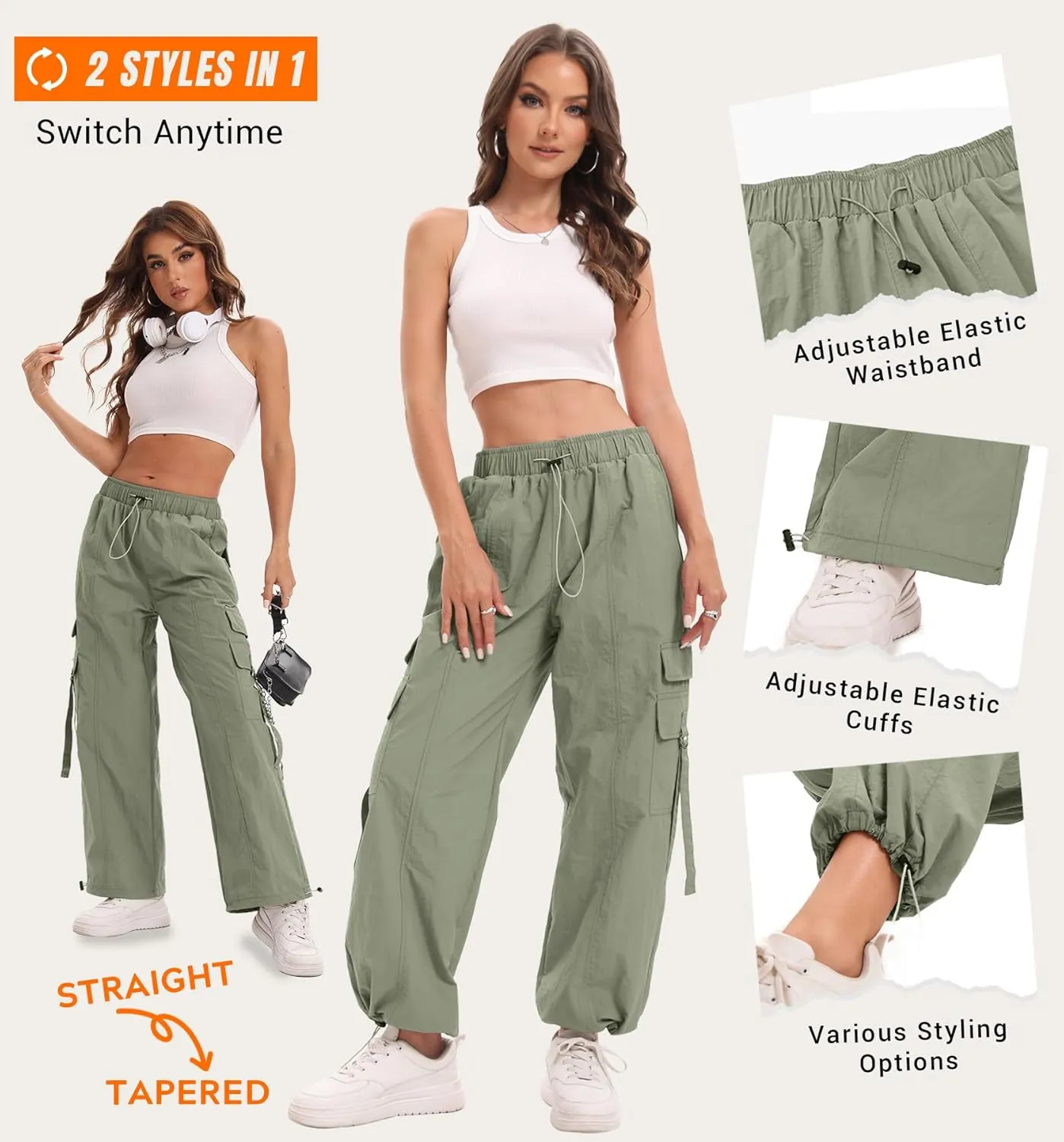 Women Quick-Dry Cargo Pants Y2K Wide Leg Baggy Pants Lightweight Hiking Pants Streetwear with Drawstring