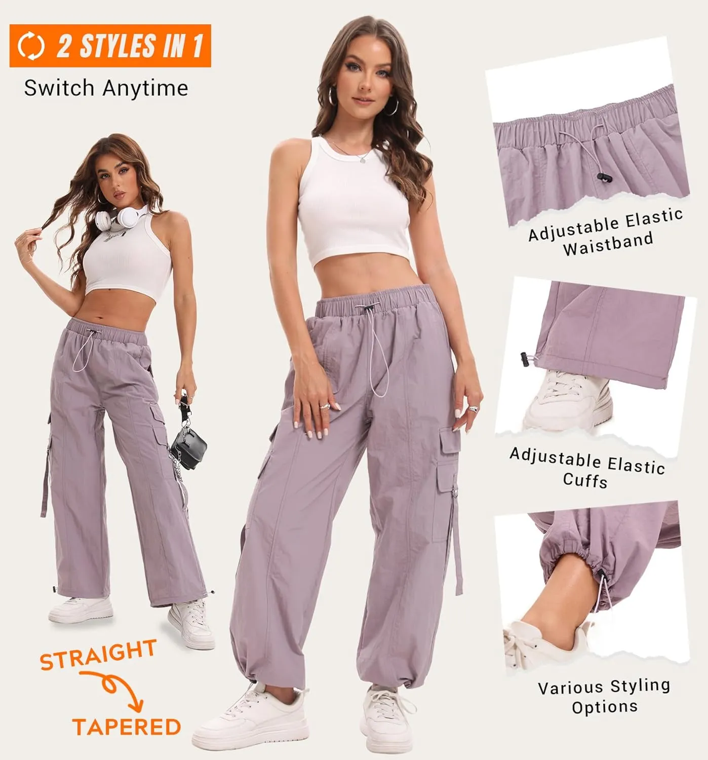 Women Quick-Dry Cargo Pants Y2K Wide Leg Baggy Pants Lightweight Hiking Pants Streetwear with Drawstring