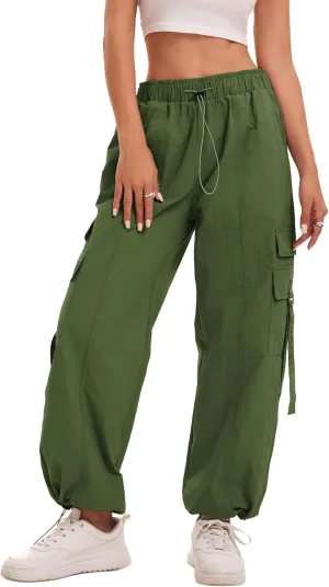 Women Quick-Dry Cargo Pants Y2K Wide Leg Baggy Pants Lightweight Hiking Pants Streetwear with Drawstring