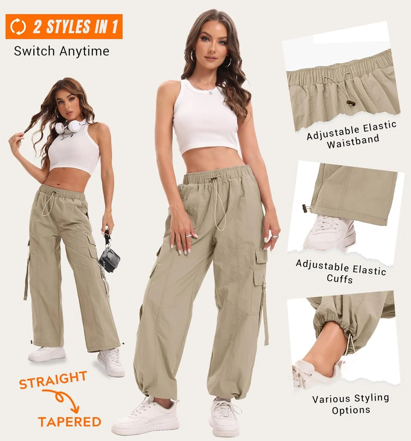 Women Quick-Dry Cargo Pants Y2K Wide Leg Baggy Pants Lightweight Hiking Pants Streetwear with Drawstring