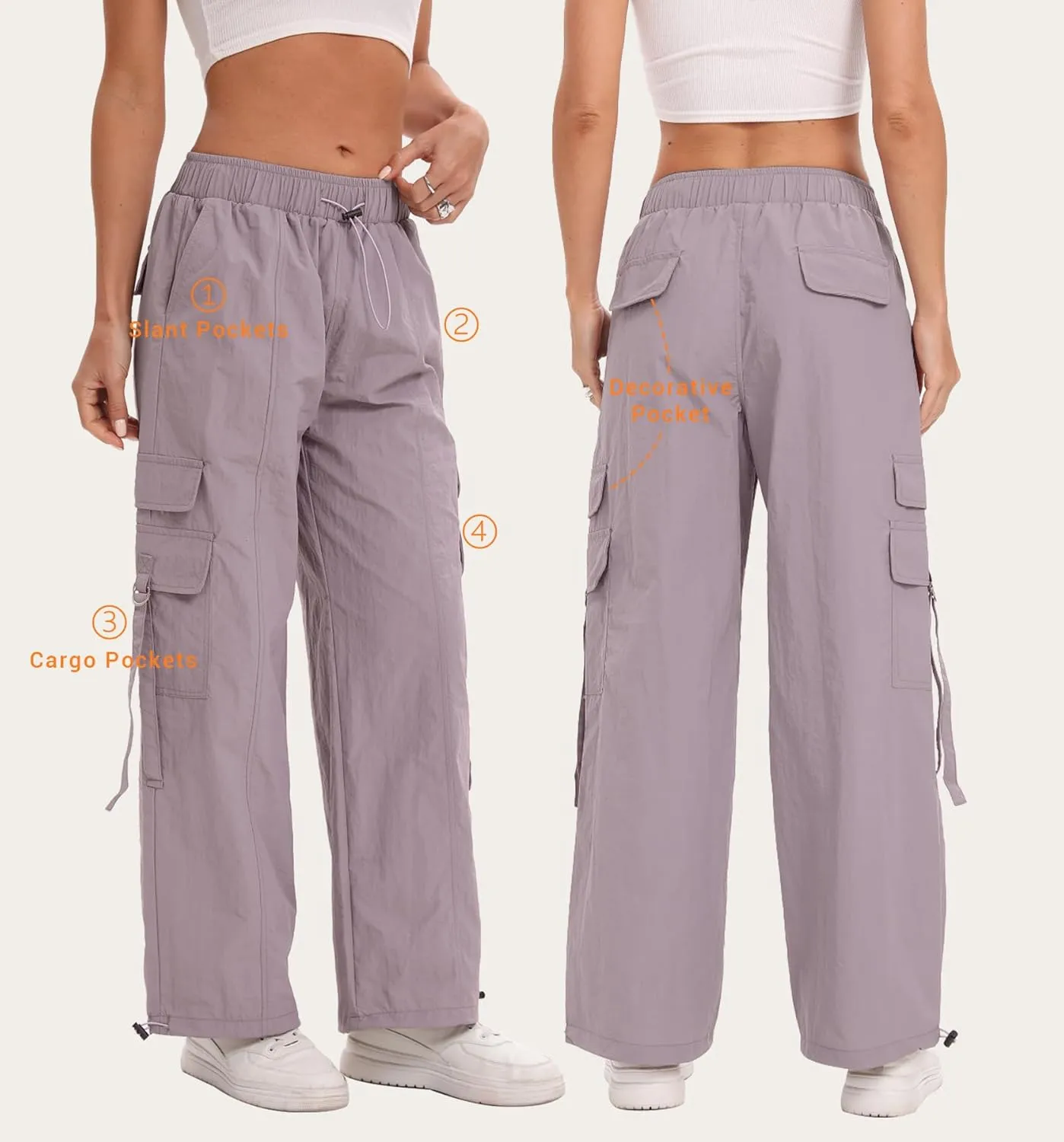 Women Quick-Dry Cargo Pants Y2K Wide Leg Baggy Pants Lightweight Hiking Pants Streetwear with Drawstring
