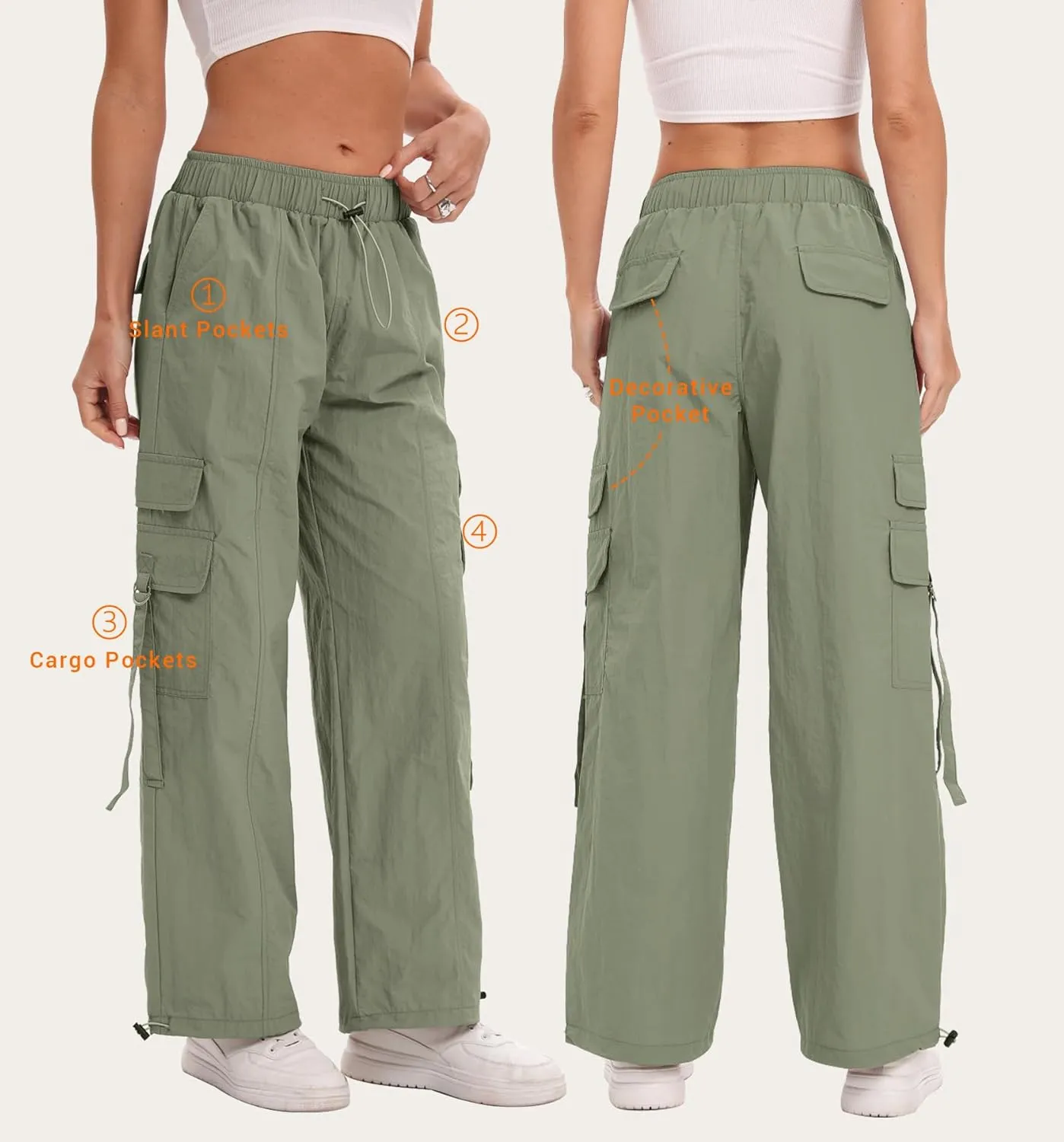 Women Quick-Dry Cargo Pants Y2K Wide Leg Baggy Pants Lightweight Hiking Pants Streetwear with Drawstring
