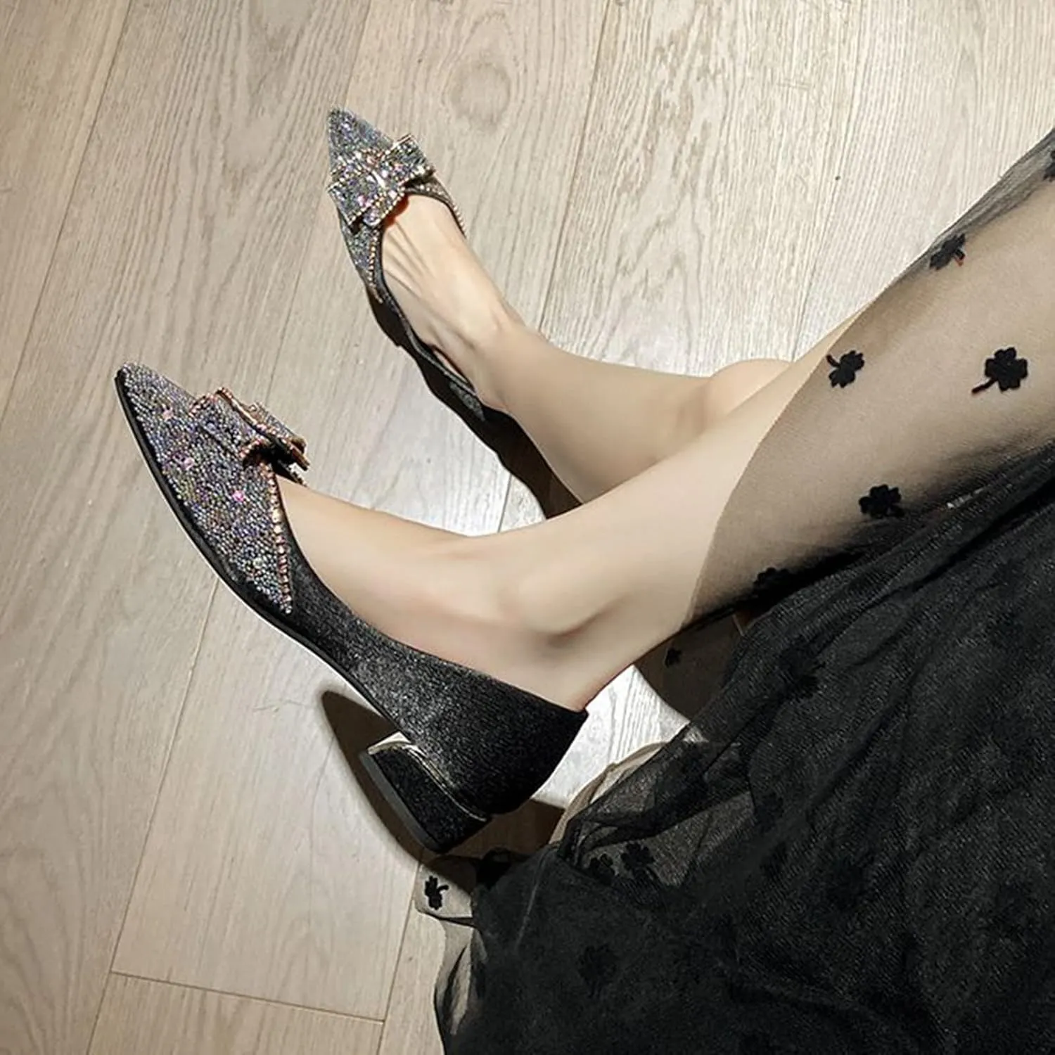 Women Rhinestone Pointed Toe Dress Shoes Slip On Glitter Fashion Low Chunky Heel Party Wedding Pumps