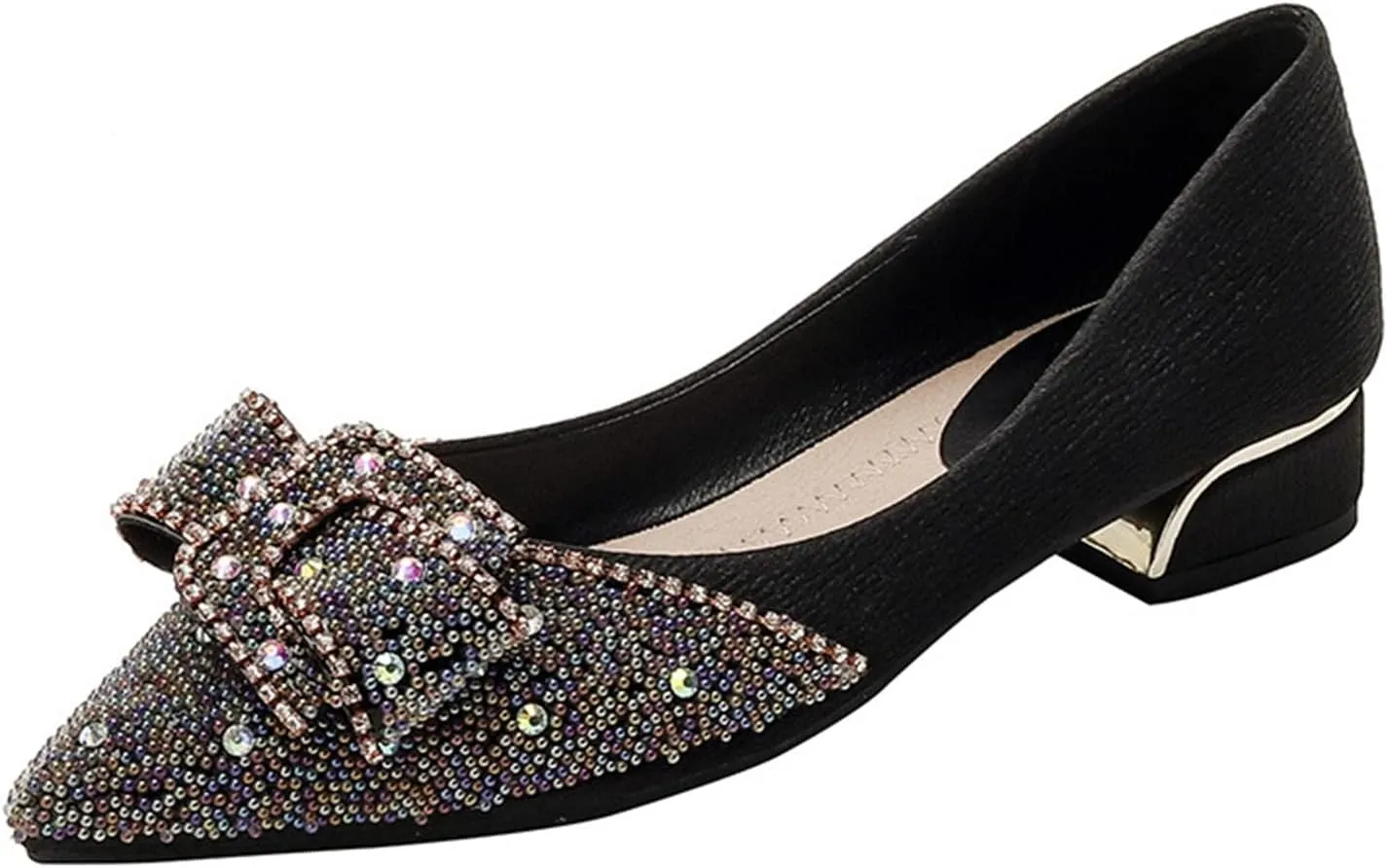 Women Rhinestone Pointed Toe Dress Shoes Slip On Glitter Fashion Low Chunky Heel Party Wedding Pumps