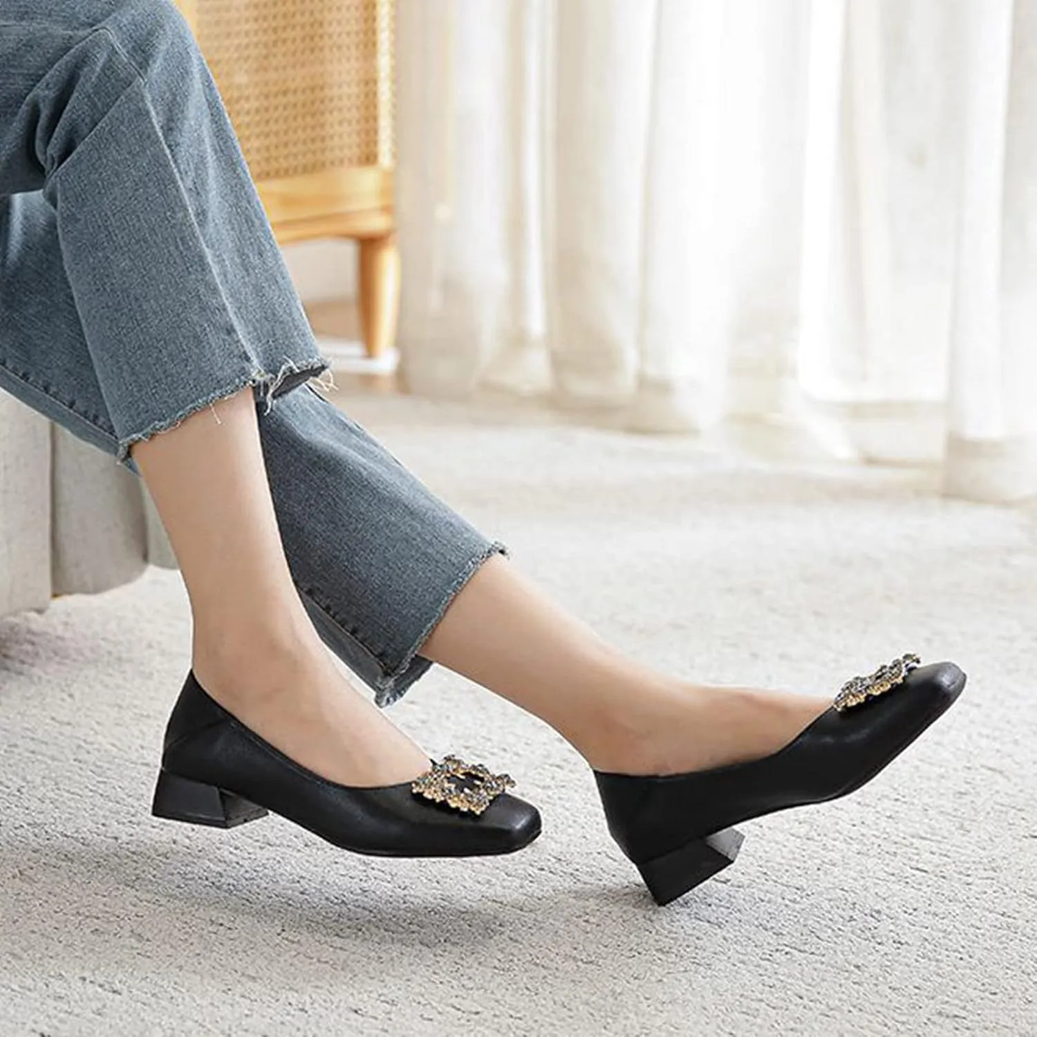 Women Rhinestone Square Buckle Pumps Closed Toe Casual Low Block Heel Slip On Office Dress Shoes