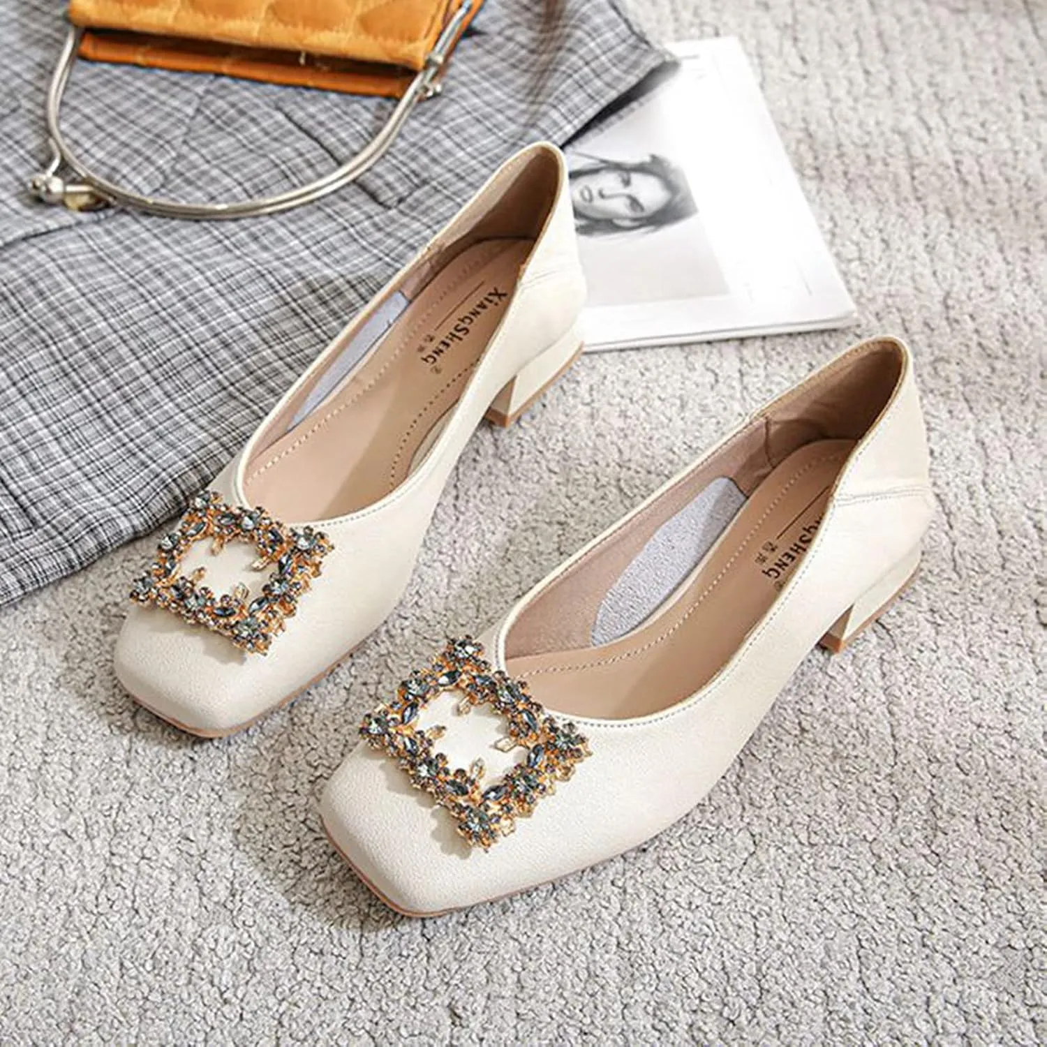 Women Rhinestone Square Buckle Pumps Closed Toe Casual Low Block Heel Slip On Office Dress Shoes