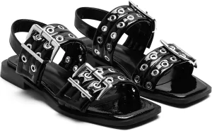 Women Sandals Slingback Squared Head Ankle Strap Wide Buckle Casual Goth Ballet Flats Low Chunky Heel Heels