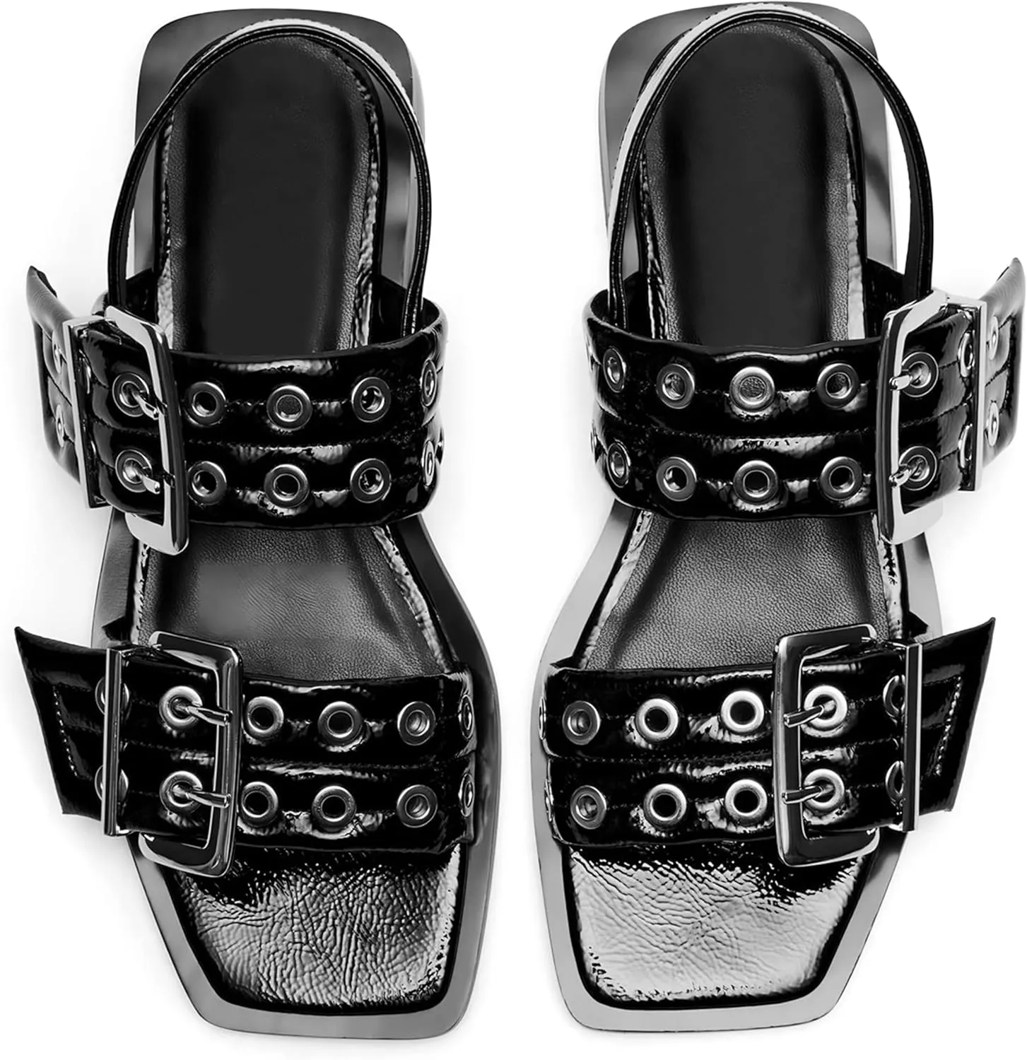 Women Sandals Slingback Squared Head Ankle Strap Wide Buckle Casual Goth Ballet Flats Low Chunky Heel Heels