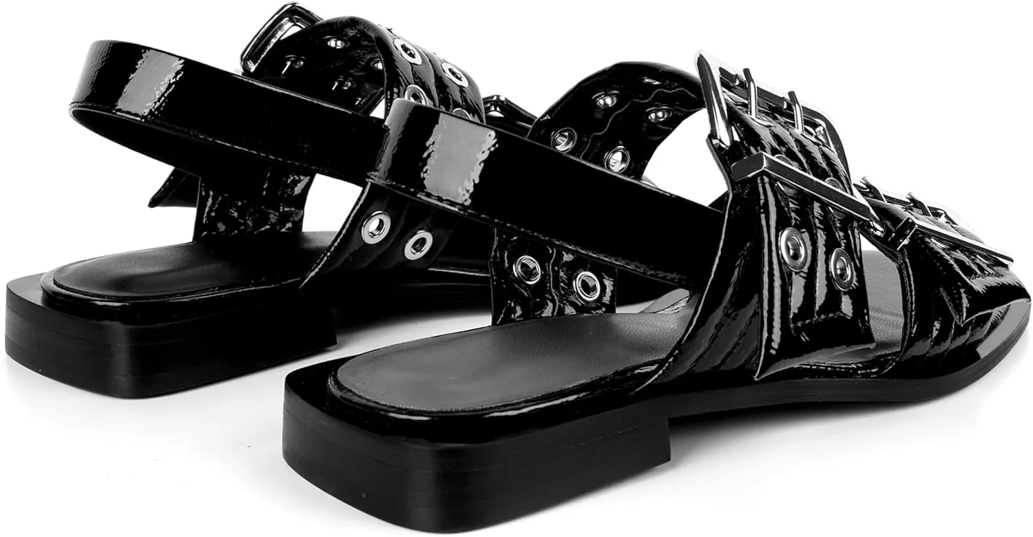 Women Sandals Slingback Squared Head Ankle Strap Wide Buckle Casual Goth Ballet Flats Low Chunky Heel Heels