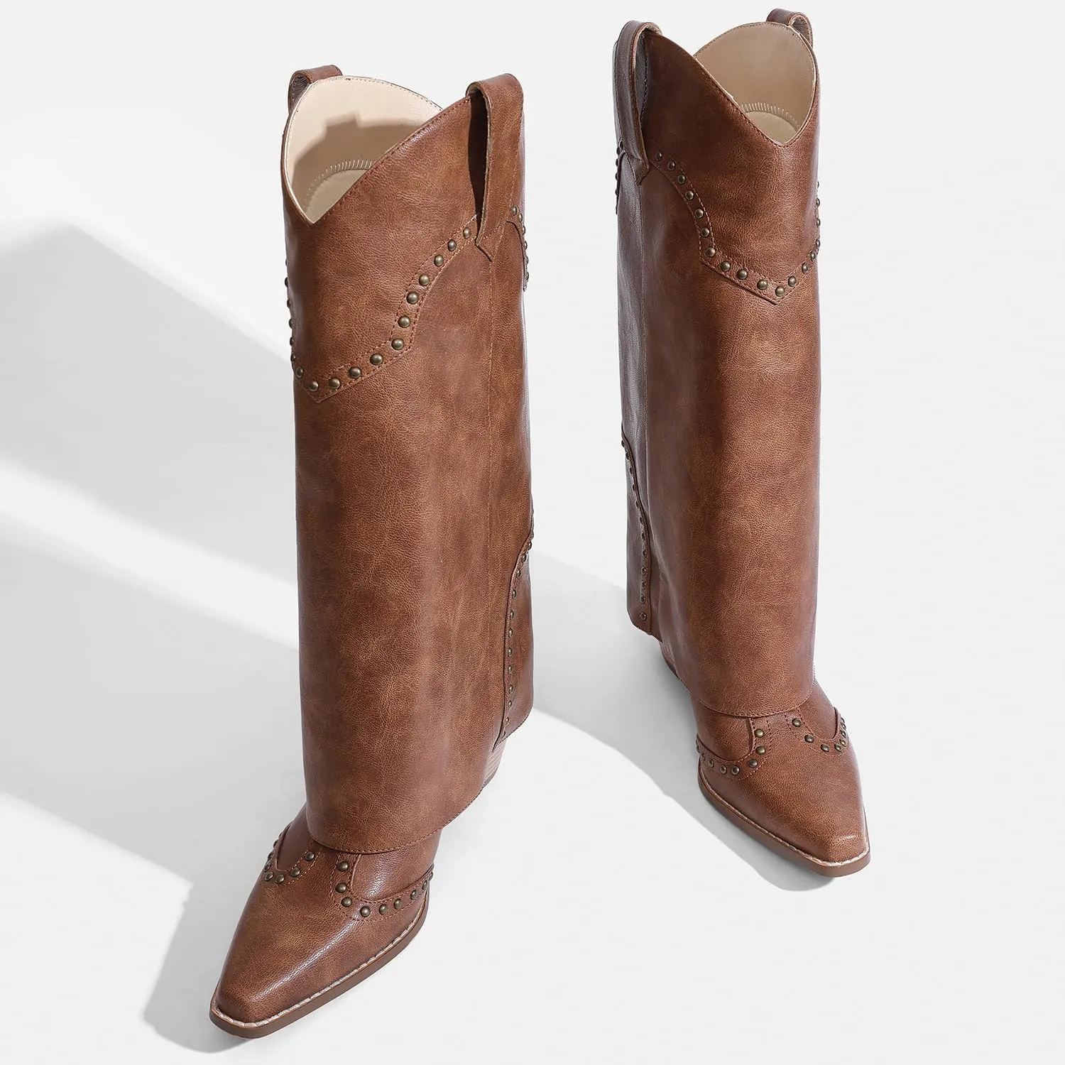 Women Shark Boots Fold Over Mid Calf Chunky Heel Snip Toe Cowboy Cowgirl Pull On Studded Boots for Women
