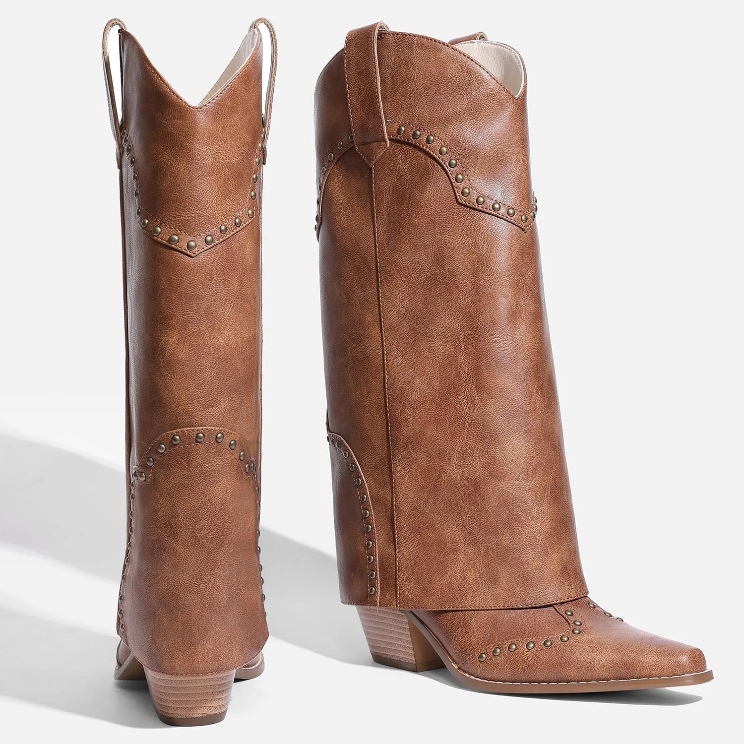 Women Shark Boots Fold Over Mid Calf Chunky Heel Snip Toe Cowboy Cowgirl Pull On Studded Boots for Women