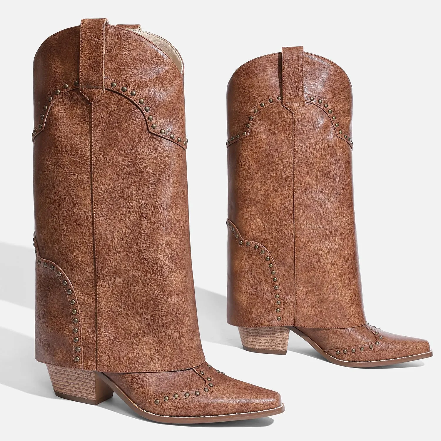 Women Shark Boots Fold Over Mid Calf Chunky Heel Snip Toe Cowboy Cowgirl Pull On Studded Boots for Women