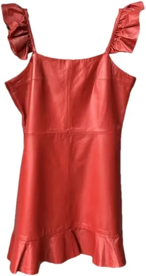 Women Slim High Waist Leather Mini Dress Casual Square Neck Ruffle A-Line Short Dresses