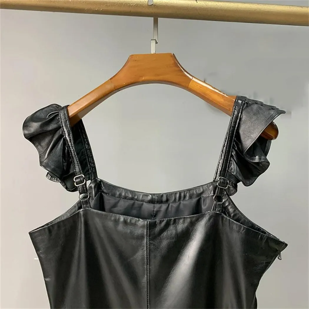 Women Slim High Waist Leather Mini Dress Casual Square Neck Ruffle A-Line Short Dresses
