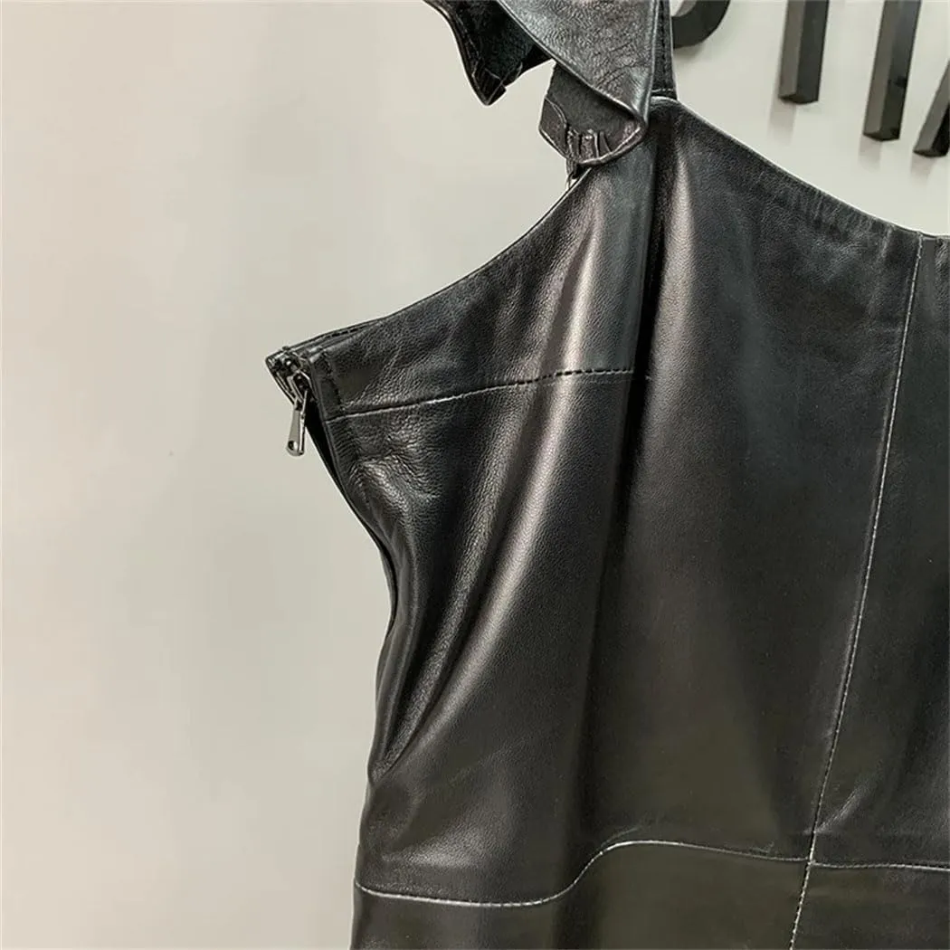 Women Slim High Waist Leather Mini Dress Casual Square Neck Ruffle A-Line Short Dresses