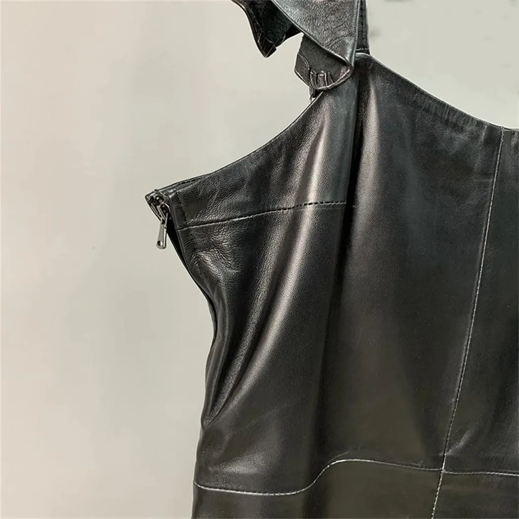 Women Slim High Waist Leather Mini Dress Casual Square Neck Ruffle A-Line Short Dresses