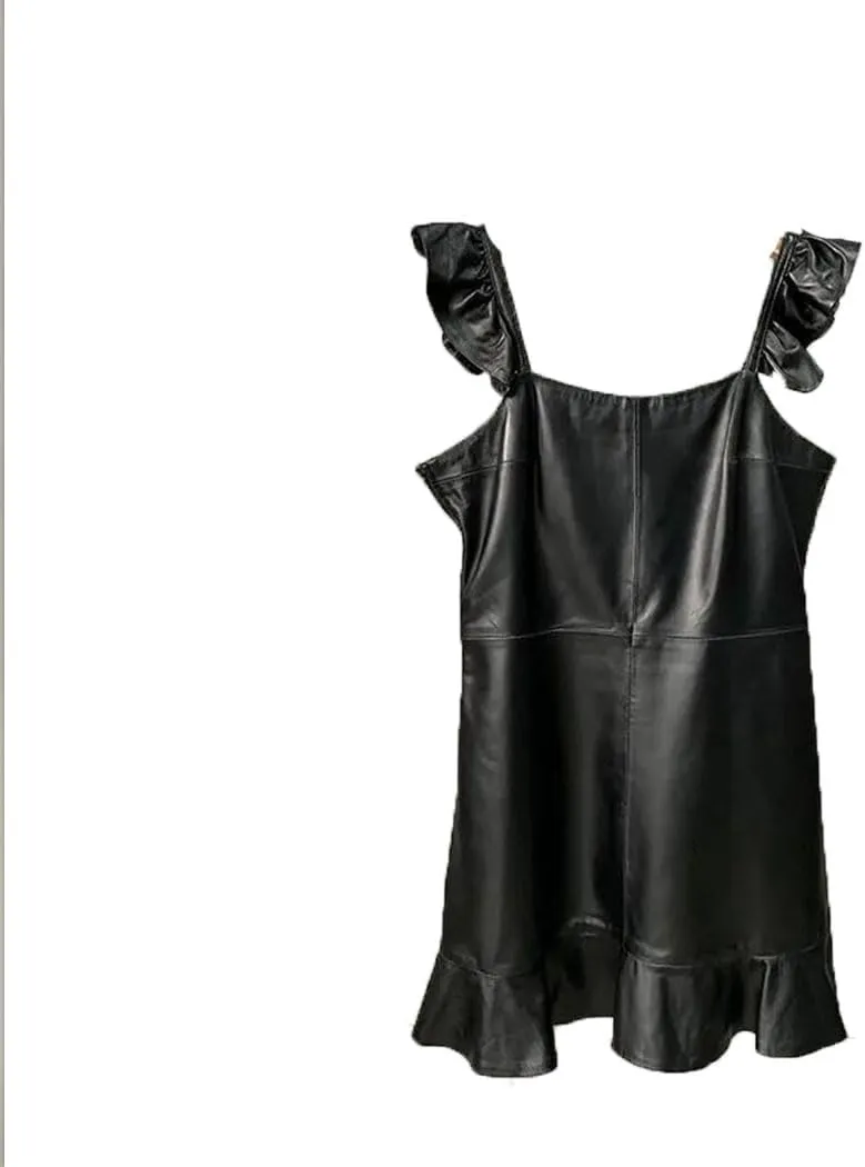 Women Slim High Waist Leather Mini Dress Casual Square Neck Ruffle A-Line Short Dresses