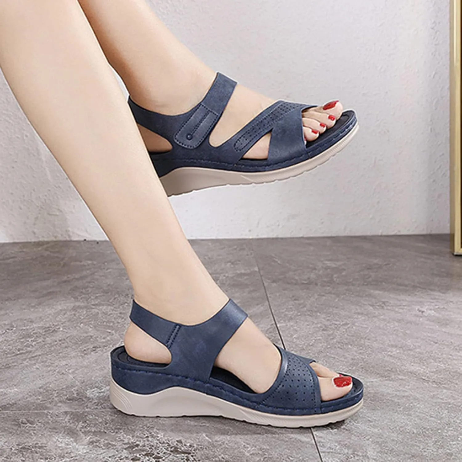 Women Summer Sandals Beach Wedge Flip-Flop Ankle Strap Causal Comfortable Round Toe Gladiator Outdoor Shoes Open Toe Cutout Shoes,Blue,US8/EU39