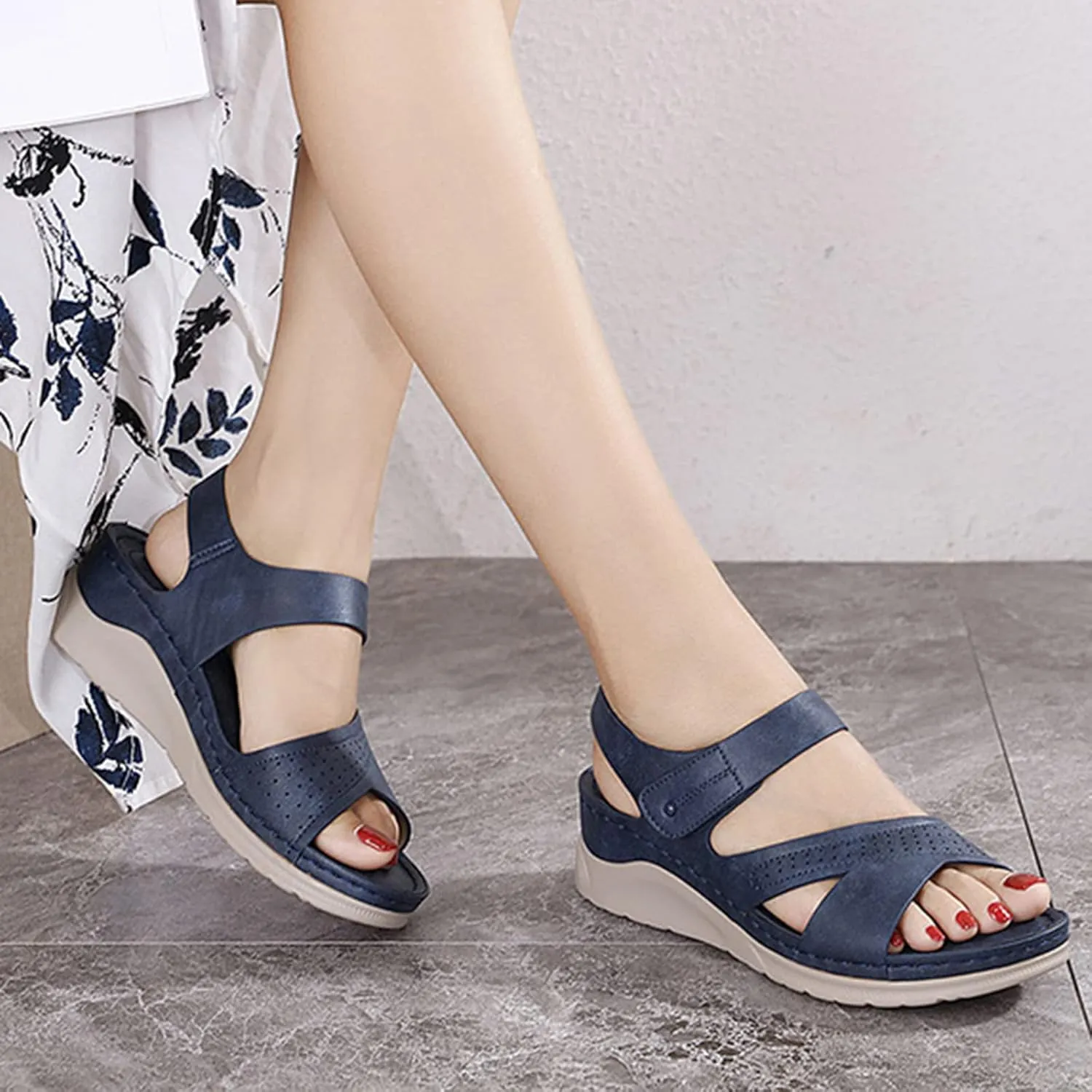 Women Summer Sandals Beach Wedge Flip-Flop Ankle Strap Causal Comfortable Round Toe Gladiator Outdoor Shoes Open Toe Cutout Shoes,Blue,US8/EU39