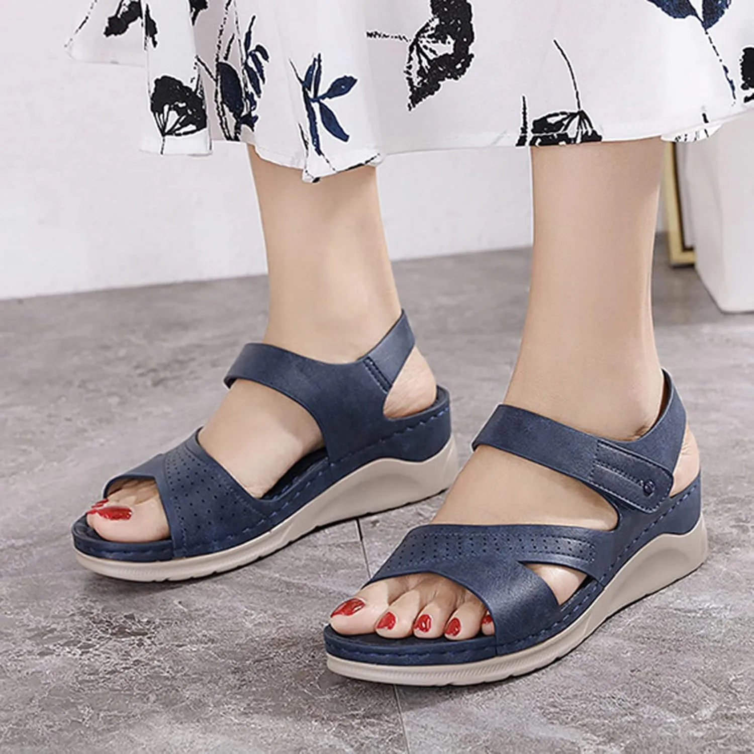 Women Summer Sandals Beach Wedge Flip-Flop Ankle Strap Causal Comfortable Round Toe Gladiator Outdoor Shoes Open Toe Cutout Shoes,Blue,US8/EU39
