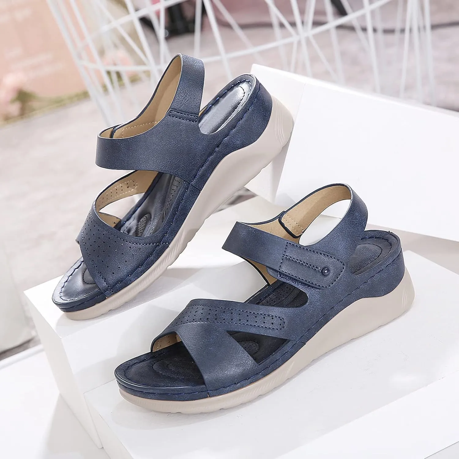 Women Summer Sandals Beach Wedge Flip-Flop Ankle Strap Causal Comfortable Round Toe Gladiator Outdoor Shoes Open Toe Cutout Shoes,Blue,US8/EU39