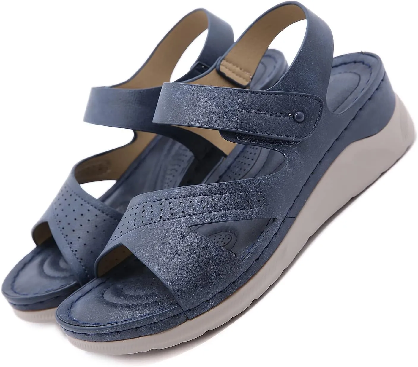 Women Summer Sandals Beach Wedge Flip-Flop Ankle Strap Causal Comfortable Round Toe Gladiator Outdoor Shoes Open Toe Cutout Shoes,Blue,US8/EU39