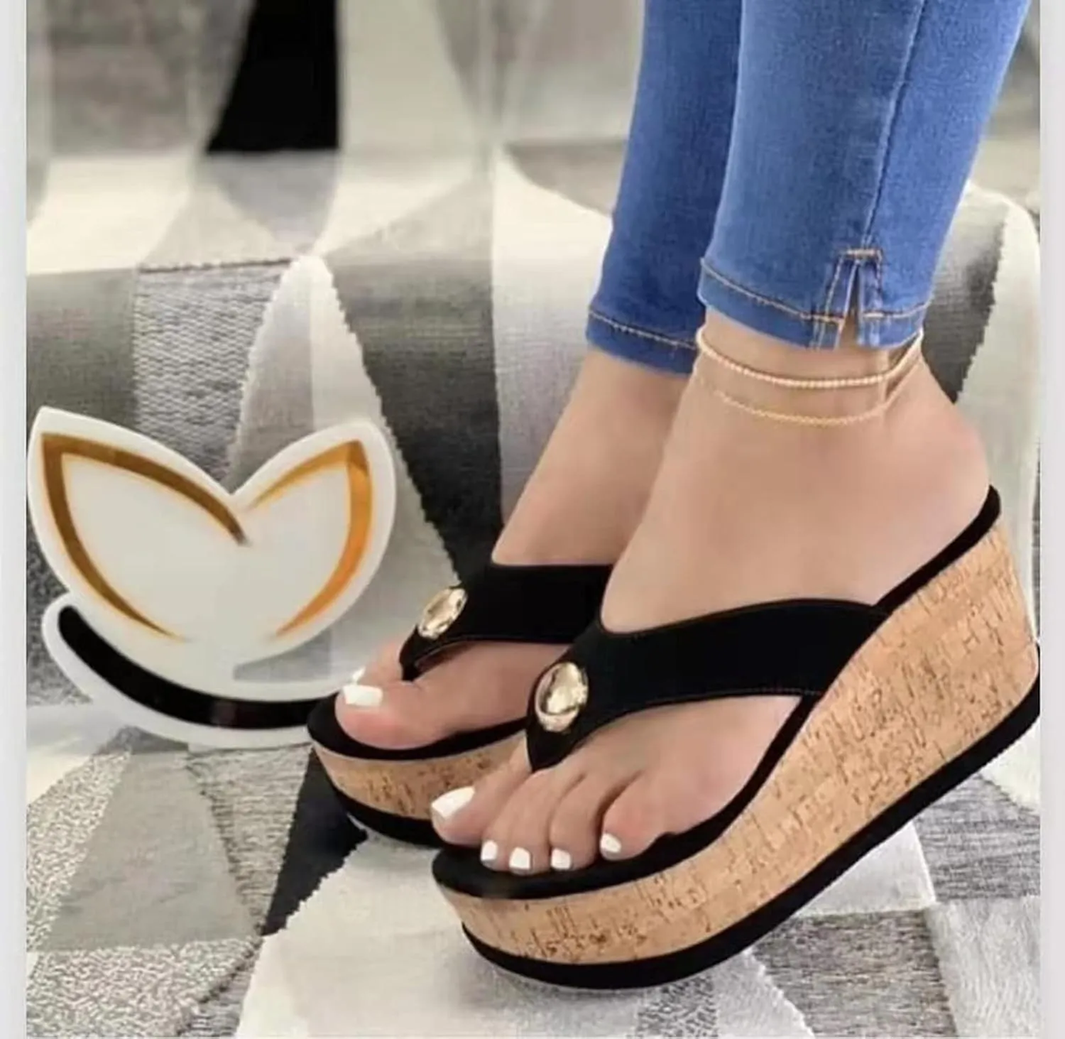 Women Wedges Platform Sandals Summer Open Toe Mules Slippers Ladies High Heel Thick Bottom Flip Flops Thongs Casual Slip on Slide Comfy Beach Shoes Loafers Moccasins,Black,US6/EU37