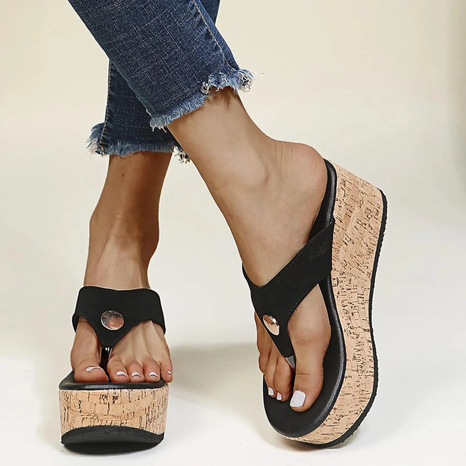 Women Wedges Platform Sandals Summer Open Toe Mules Slippers Ladies High Heel Thick Bottom Flip Flops Thongs Casual Slip on Slide Comfy Beach Shoes Loafers Moccasins,Black,US6/EU37