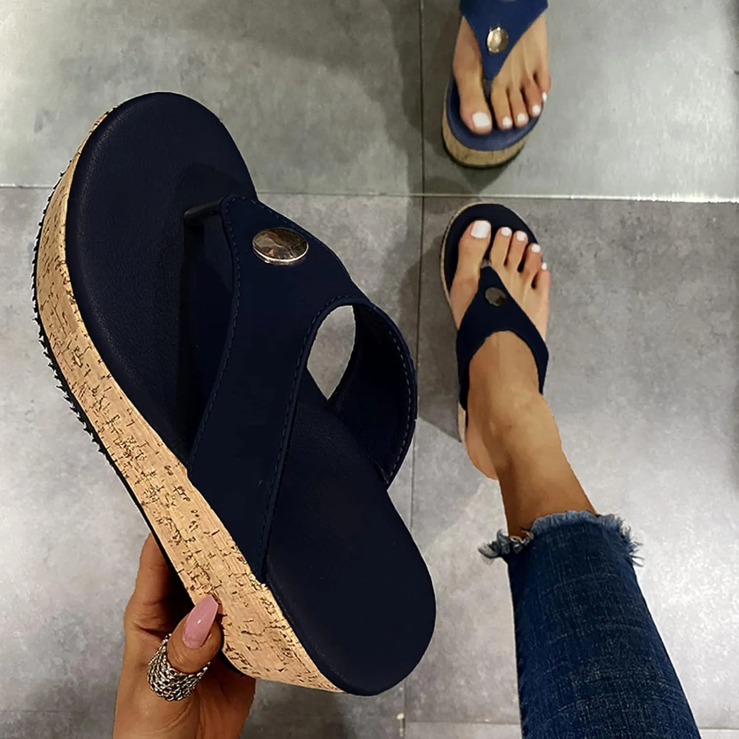 Women Wedges Platform Sandals Summer Open Toe Mules Slippers Ladies High Heel Thick Bottom Flip Flops Thongs Casual Slip on Slide Comfy Beach Shoes Loafers Moccasins,Black,US6/EU37