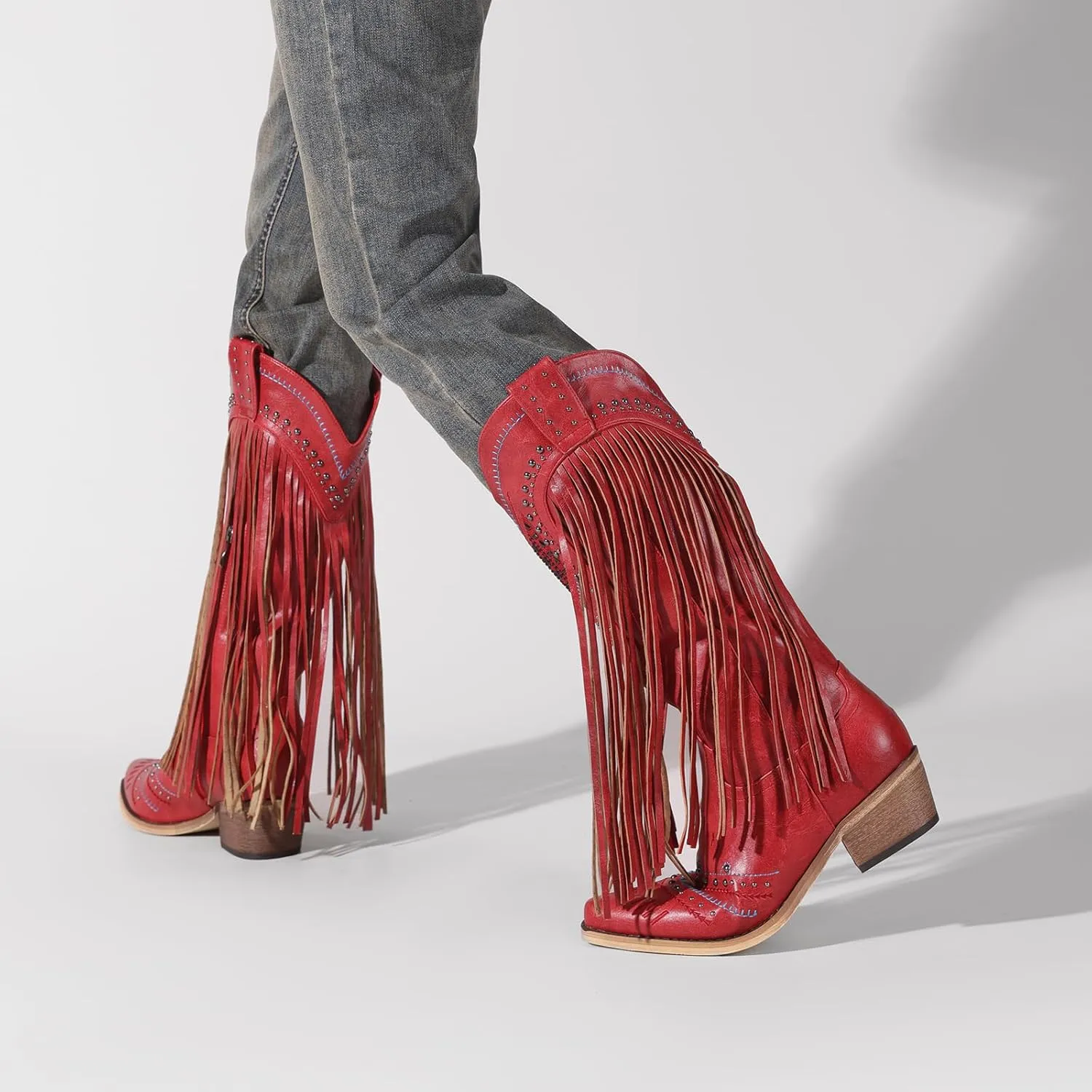 Women Western Cowboy Boots with Fringe Studded Studded Wide Calf Cowgirl Boots with Pointed Toe Country Tassel Long Boots Brown Knee High Boots Pull On Wedding Boots With Zipper