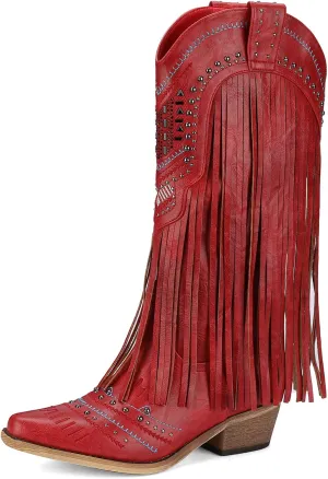 Women Western Cowboy Boots with Fringe Studded Studded Wide Calf Cowgirl Boots with Pointed Toe Country Tassel Long Boots Brown Knee High Boots Pull On Wedding Boots With Zipper