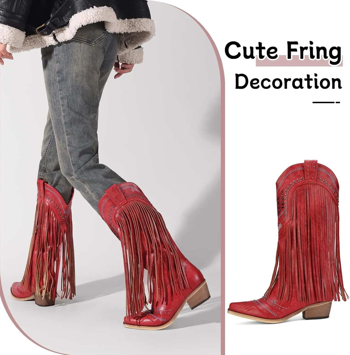 Women Western Cowboy Boots with Fringe Studded Studded Wide Calf Cowgirl Boots with Pointed Toe Country Tassel Long Boots Brown Knee High Boots Pull On Wedding Boots With Zipper