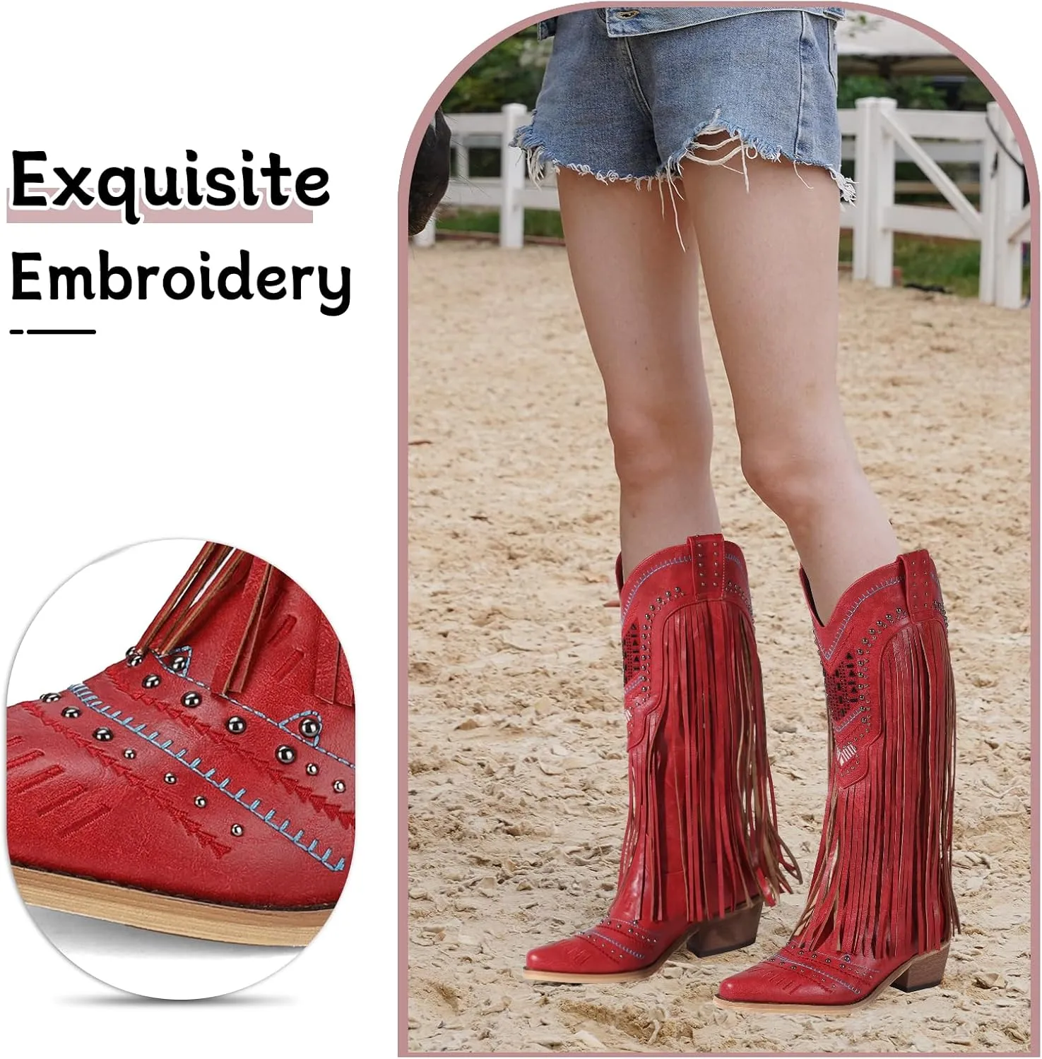 Women Western Cowboy Boots with Fringe Studded Studded Wide Calf Cowgirl Boots with Pointed Toe Country Tassel Long Boots Brown Knee High Boots Pull On Wedding Boots With Zipper