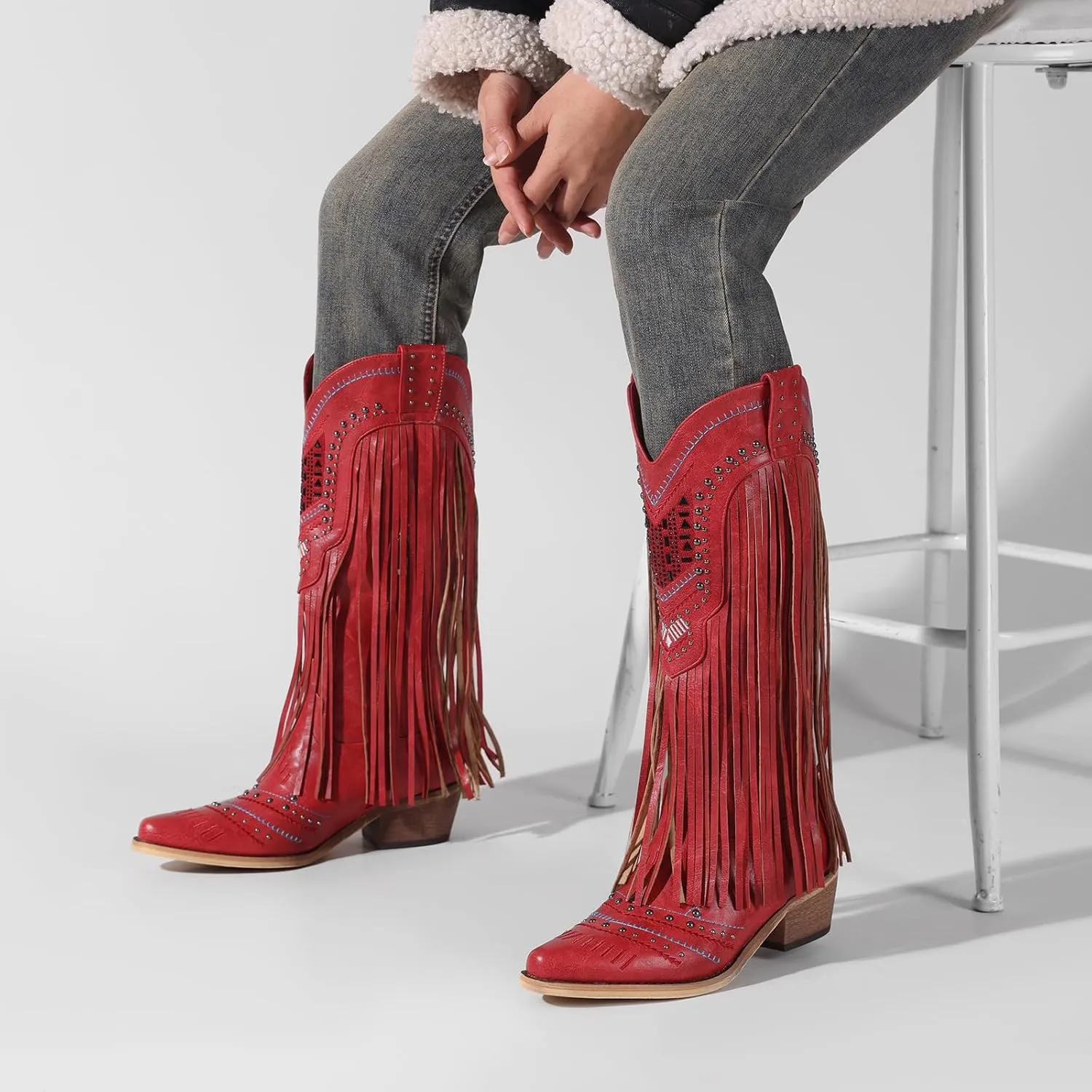 Women Western Cowboy Boots with Fringe Studded Studded Wide Calf Cowgirl Boots with Pointed Toe Country Tassel Long Boots Brown Knee High Boots Pull On Wedding Boots With Zipper