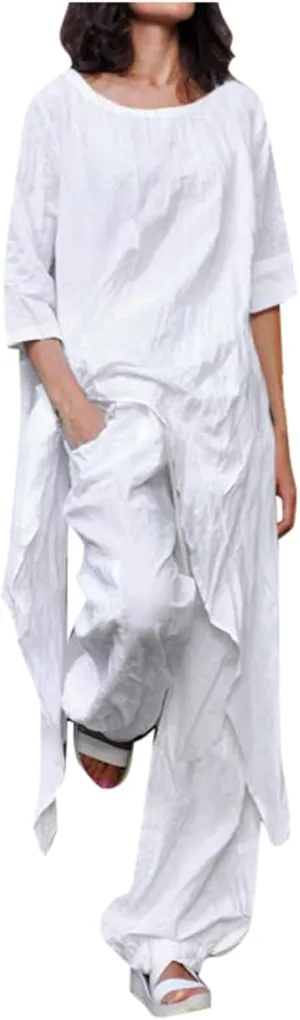 Women's 2 Piece Outfits Linen Short Sleeve Top and Wide Leg Pants Lounge Matching Tracksuits Trendy Clothes