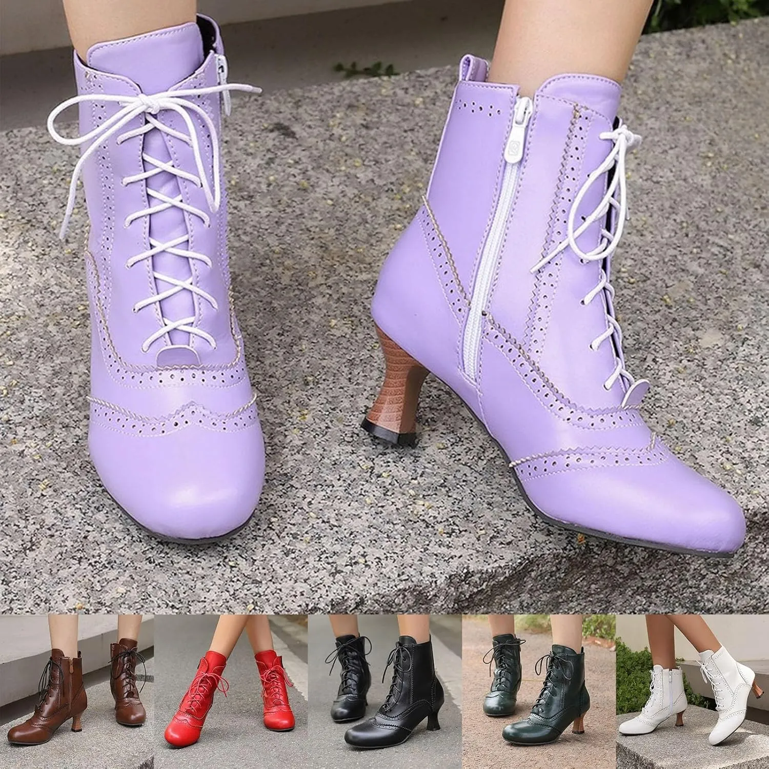 Womens Ankle Boots Wide Calf,Mid Heel Victorian Boots Vintage Lace Up Dance Booties Cosplay Witch Shoes for Women