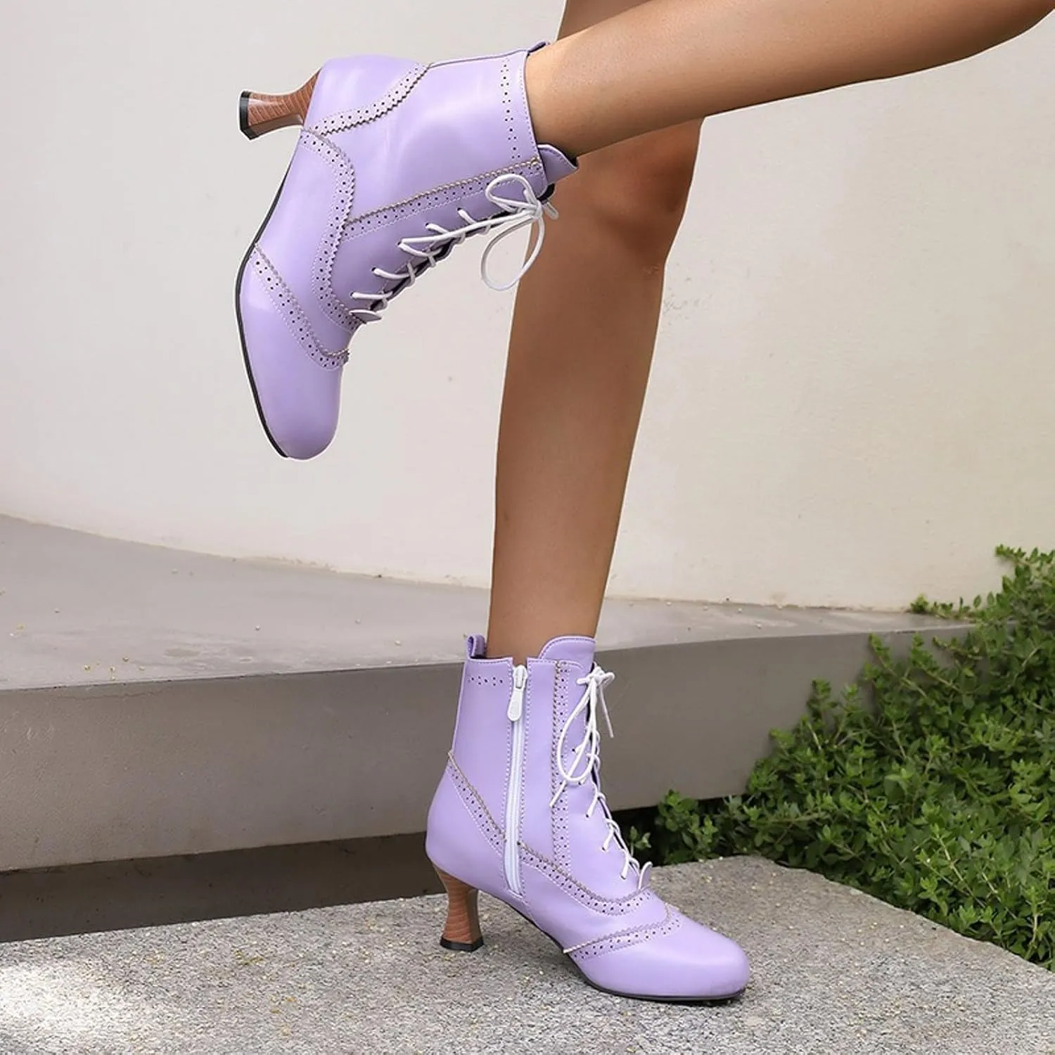 Womens Ankle Boots Wide Calf,Mid Heel Victorian Boots Vintage Lace Up Dance Booties Cosplay Witch Shoes for Women