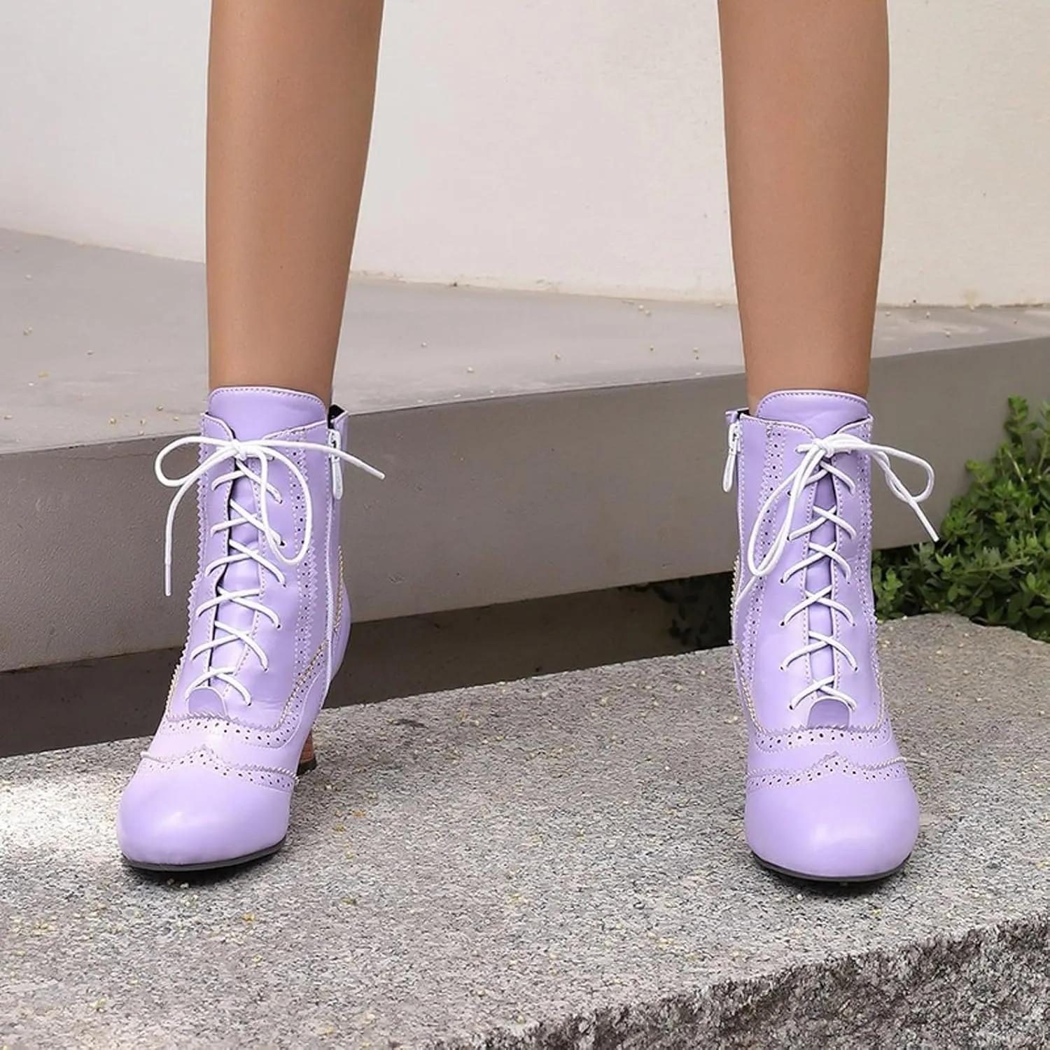 Womens Ankle Boots Wide Calf,Mid Heel Victorian Boots Vintage Lace Up Dance Booties Cosplay Witch Shoes for Women