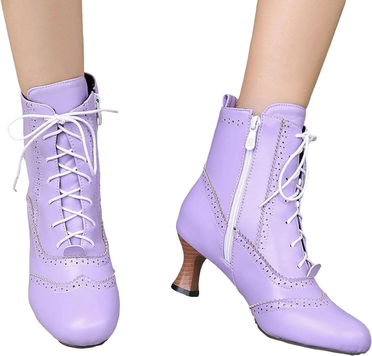 Womens Ankle Boots Wide Calf,Mid Heel Victorian Boots Vintage Lace Up Dance Booties Cosplay Witch Shoes for Women