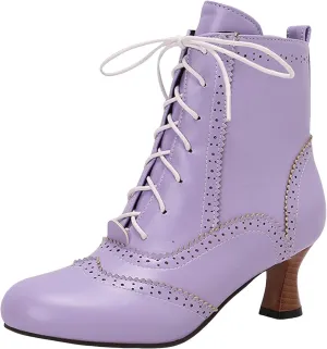 Womens Ankle Boots Wide Calf,Mid Heel Victorian Boots Vintage Lace Up Dance Booties Cosplay Witch Shoes for Women